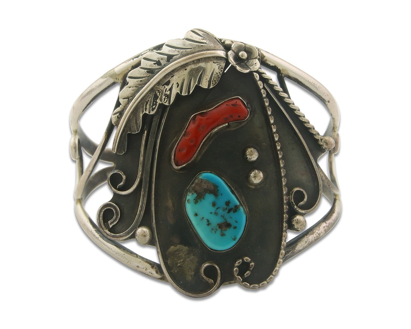 Navajo Bracelet 925 Silver Inlaid Coral & Turquoise Cuff Artist Signed CJ C.80's