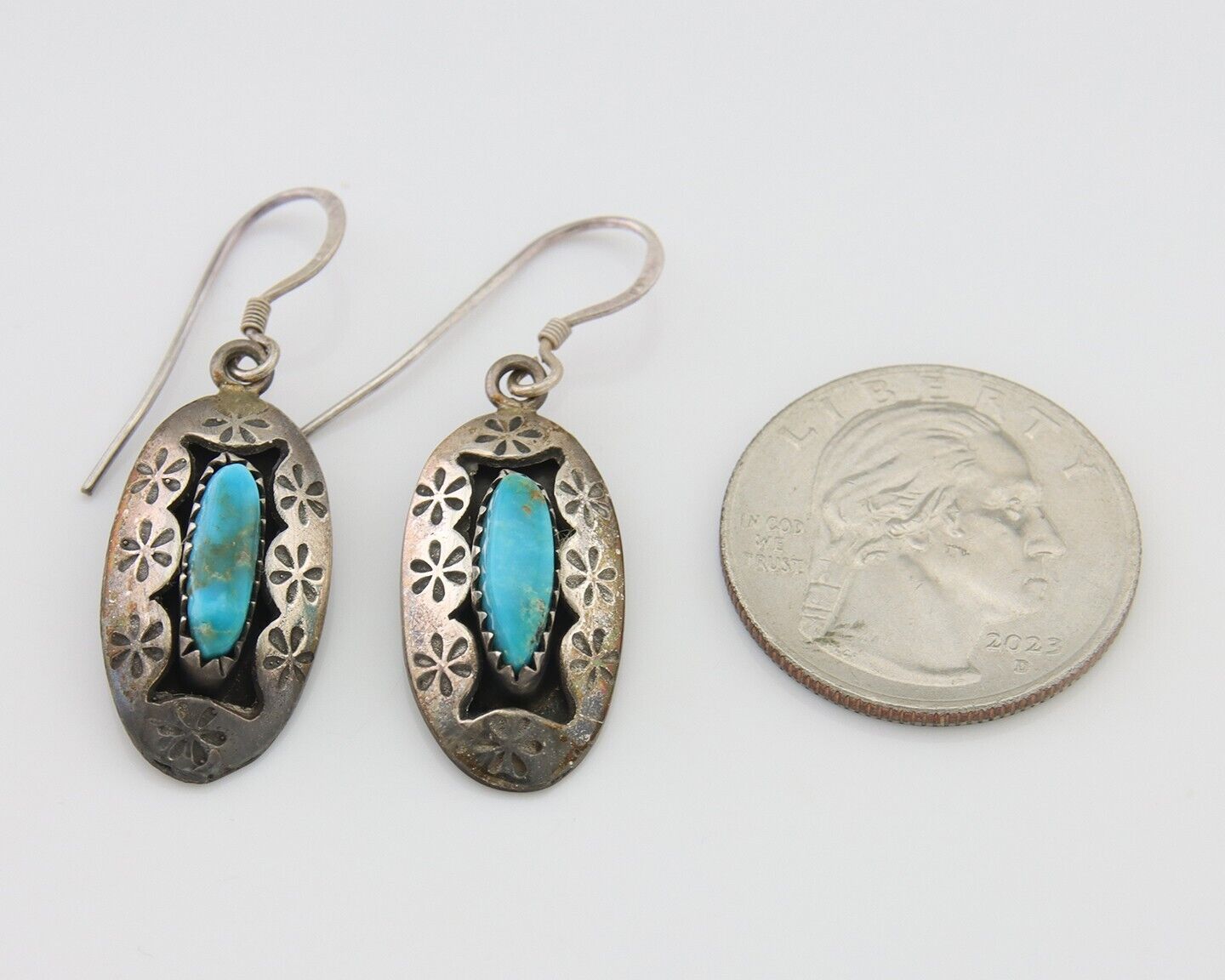 Navajo Dangle Earrings 925 Silver Natural Turquoise Native American Artist C80s