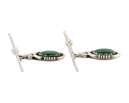 Navajo Dangle Earrings 925 Silver Natural Malachite Native American Artist C.80s