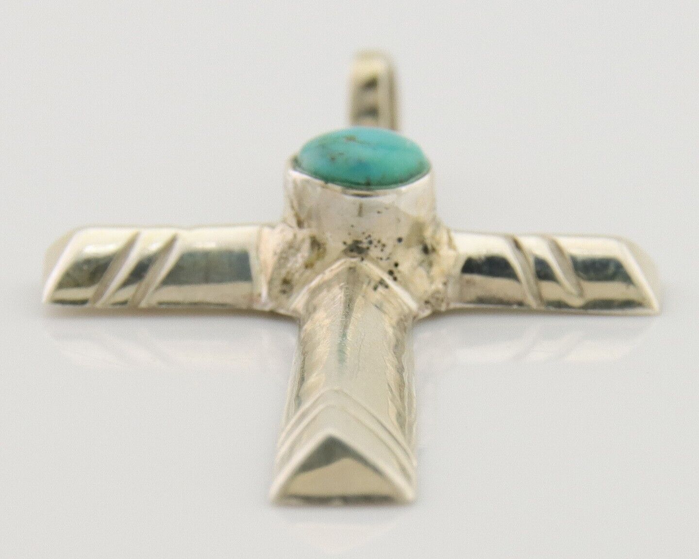 Navajo Sand Cast Cross Pendant 925 Silver Turquoise Artist Signed J Yazzie C.80s