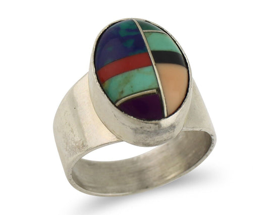 Zuni Inlaid Ring 925 Silver Mixed Natural Gemstones Native American Artist C.80s