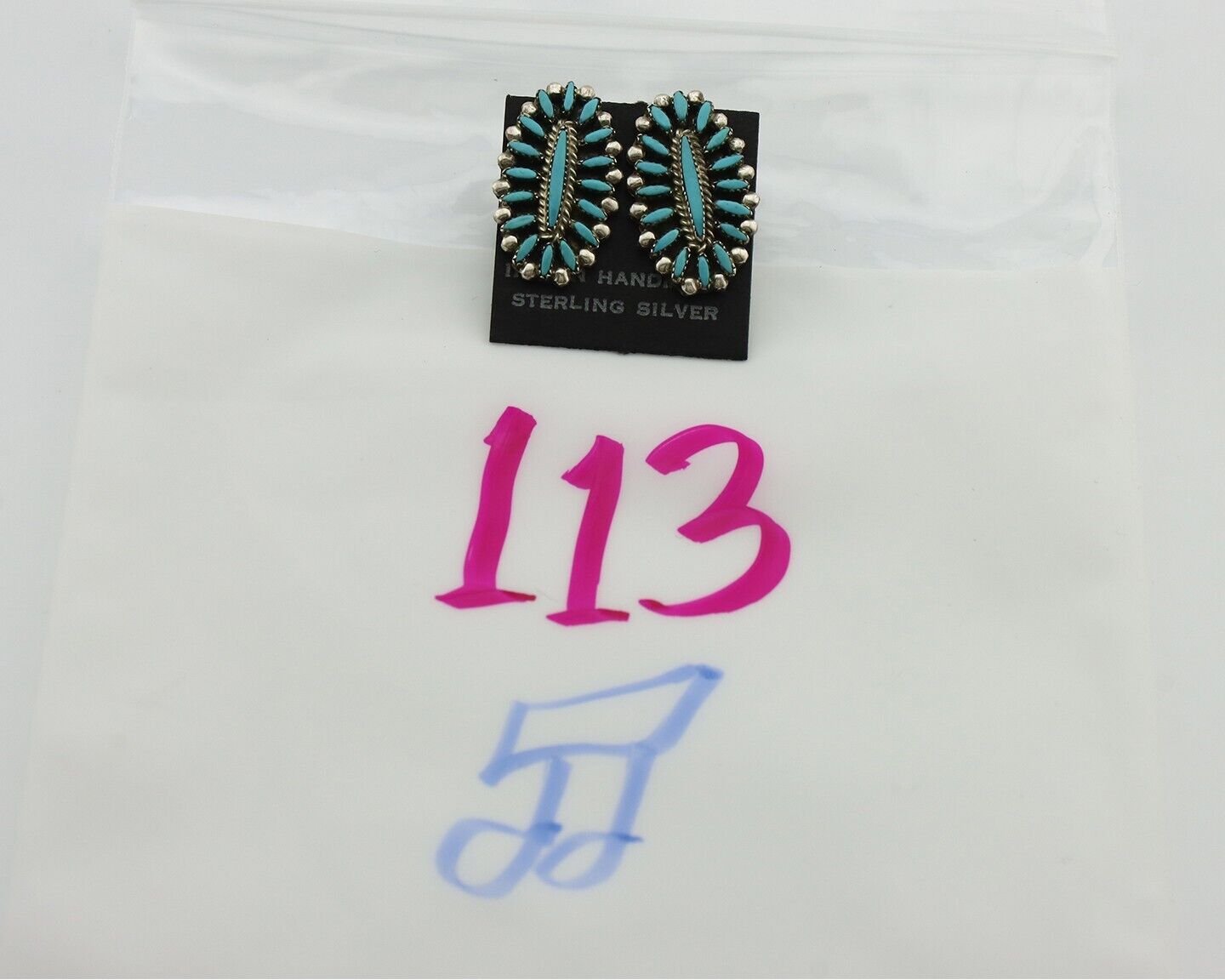 Zuni Earrings 925 Silver Sleeping Beauty Turquoise Signed LP C.80's