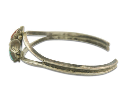 Navajo Bracelet 925 Silver Coral & Turquoise Cuff Signed Keith James C.80's