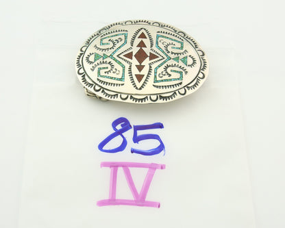 Vintage Navajo Belt Buckle 925 Silver Inlaid Gemstone Signed Stanley Bain C.80's