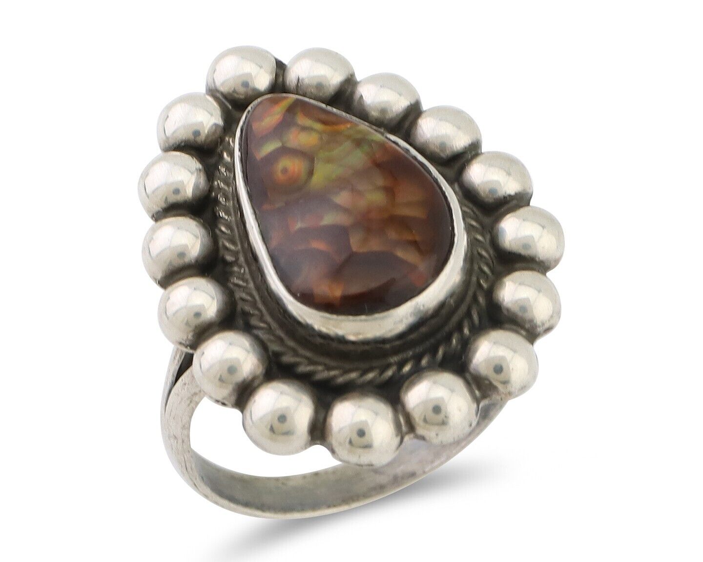 Navajo Handmade Ring 925 Silver Natural Fire Opal Native Artist Size 7.0 C.80's