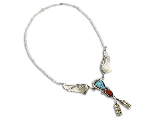 Navajo Arnold Malorey .925 Silver Turquoise & Coral Feather Necklace