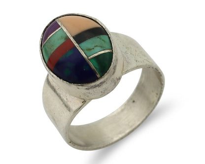 Zuni Inlaid Ring 925 Silver Mixed Natural Gemstones Native American Artist C.80s