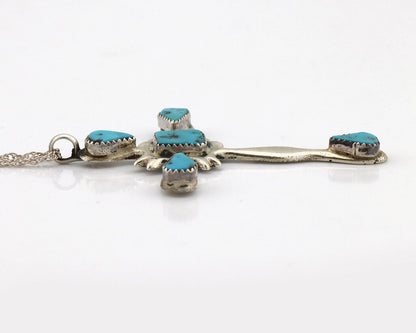 Zuni Cross Necklace 925 Silver Natural Blue Turquoise Native American Artist C80