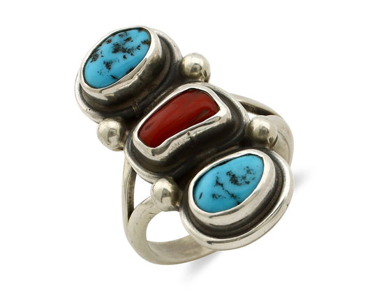 Navajo Ring 925 Silver Sleeping B Turquoise & Coral Native American Artist C.80s