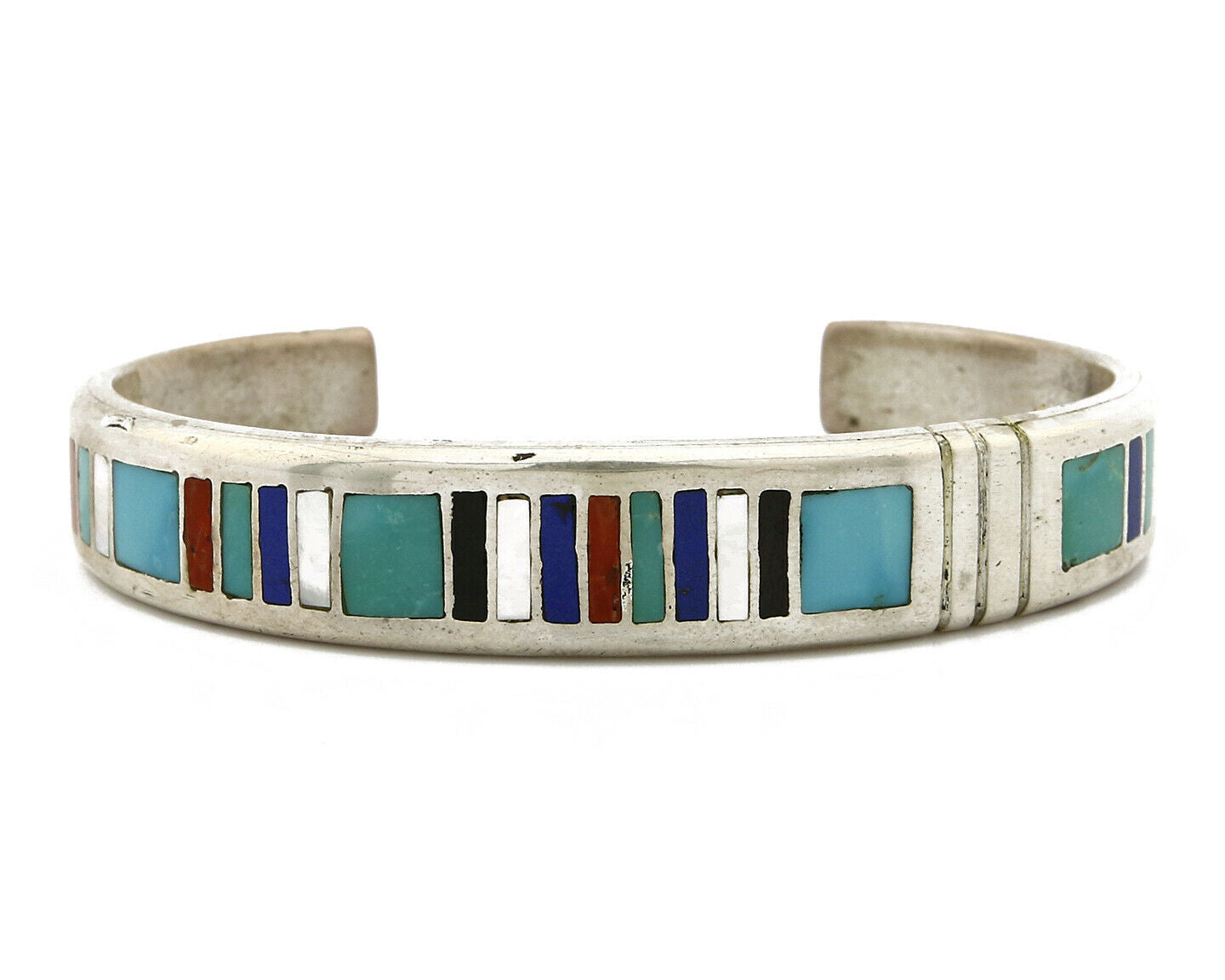 Navajo Signed EDD.B. Inlaid Gemstone .925 Silver Handmade Cuff Bracelet