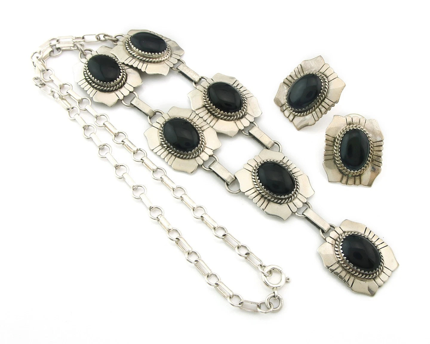 Navajo Necklace Earring Set Sterling Silver Onyx Vintage Signed Begay