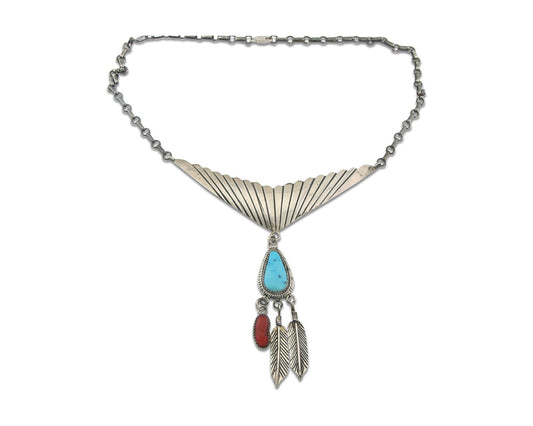 Vintage Navajo Necklace 925 Silver Coral & Turquoise Native Artist Handmade