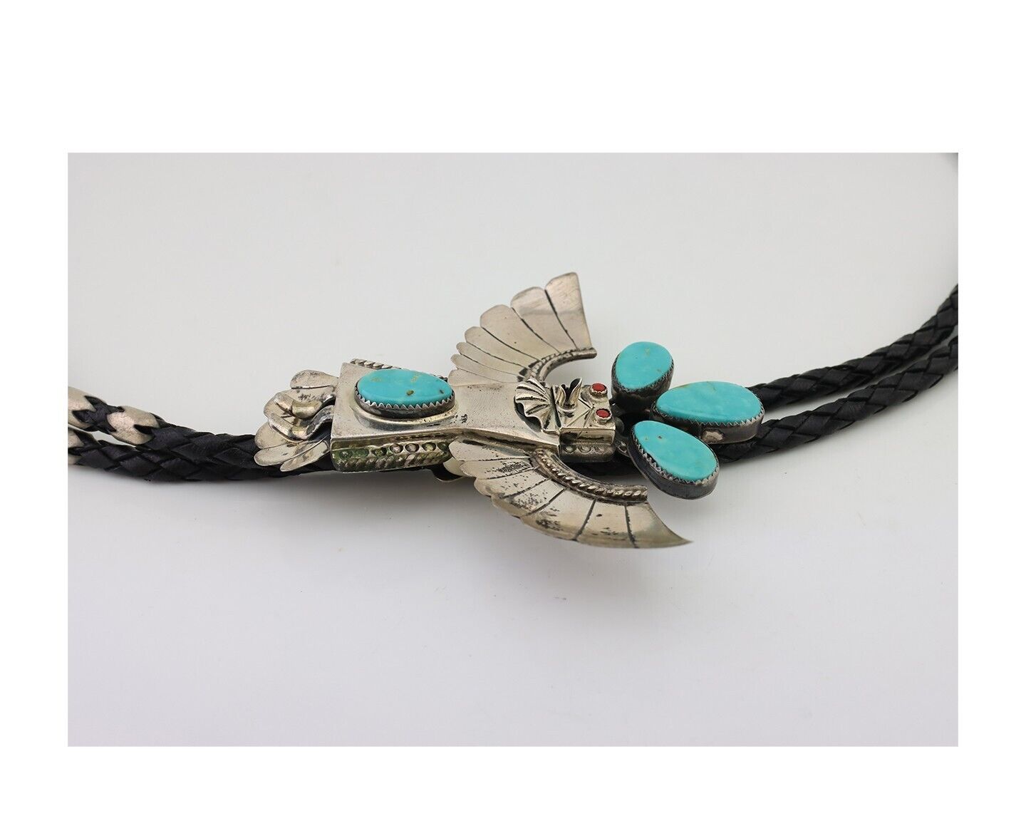 Navajo Bolo Tie 925 Silver Coral & Turquoise Signed M Broken Arrow C.80's