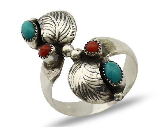 Navajo Adjustable Ring 925 Silver Turquiose & Coral Native Artist C.80's