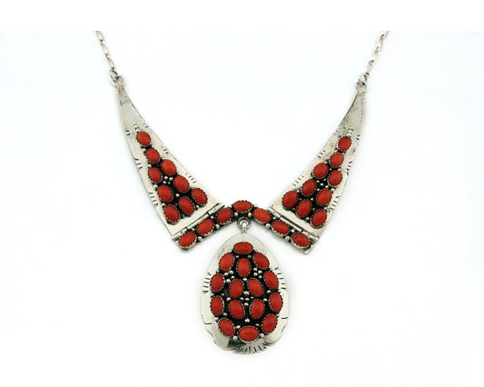 Navajo Necklace 925 Sterling Silver Natural Coral Vintage Signed Tom Yazzie