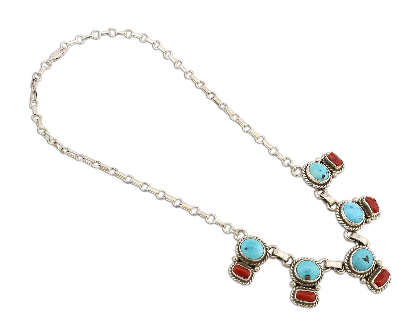 Navajo Necklace 925 Silver Natural Blue Turquoise & Coral Native American C80s