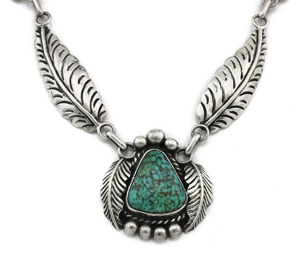 Navajo Necklace Sterling Spiderweb Turquoise Vintage Handmade Signed Sunrise C80