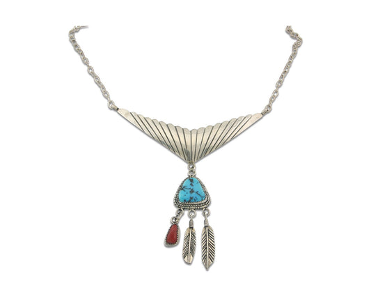 Vintage Navajo Necklace 925 Silver Coral & Turquoise Native American Handmade