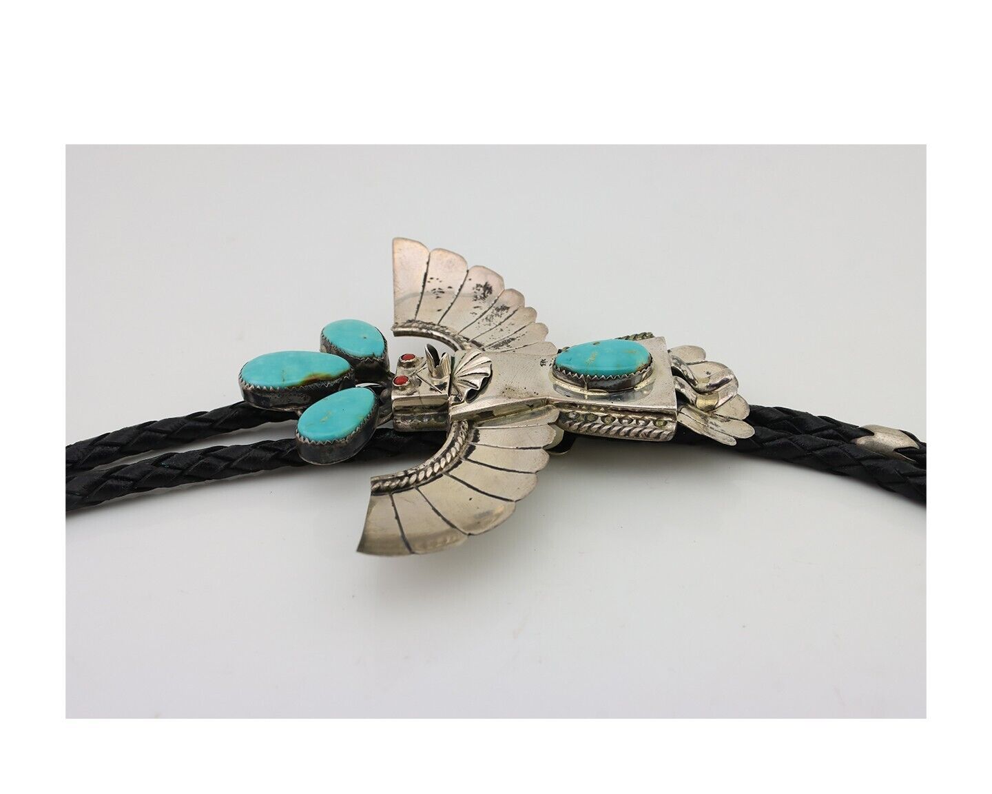 Navajo Bolo Tie 925 Silver Coral & Turquoise Signed M Broken Arrow C.80's