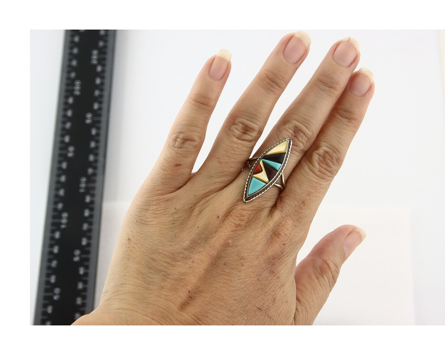 Vintage Zuni Ring 925 Sterling Silver Natural Gemstone Signed R & GT Size 7.5