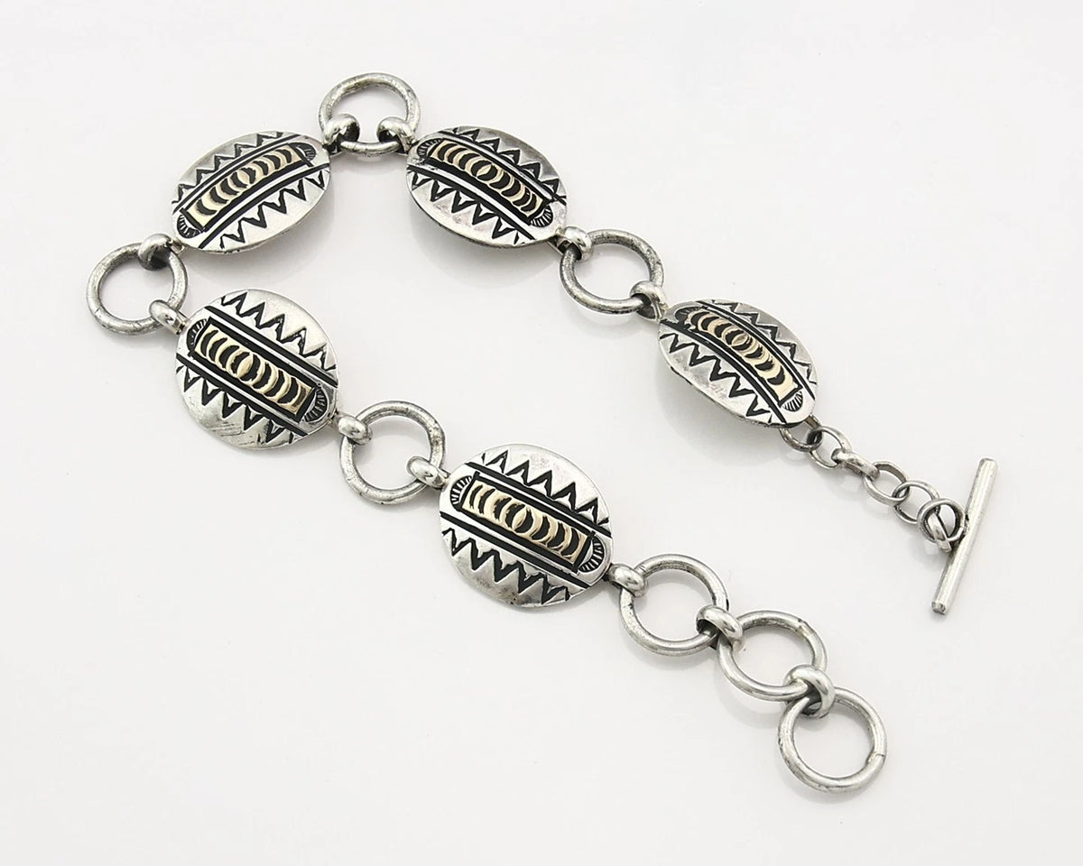 Navajo Cuff Bracelet Sterling Silver & 14k Gold Vintage Signed RT C.80's