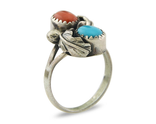 Vintage Navajo Ring 925 Sterling Silver Authentic Turquoise & Coral Size 5.5