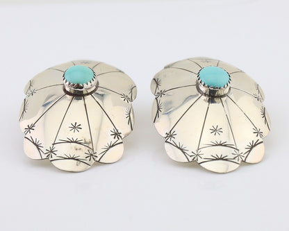 Navajo Hand Stamped Shield Earrings 925 Silver Turquoise Native Artist C.80's