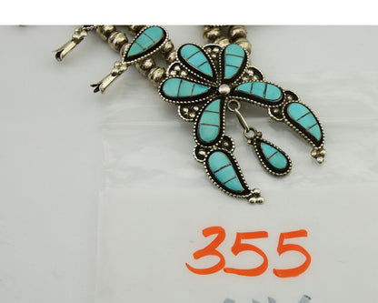 Zuni Squash Necklace 925 Silver Earring Set Turquiose Handmade Signed SM C.80's