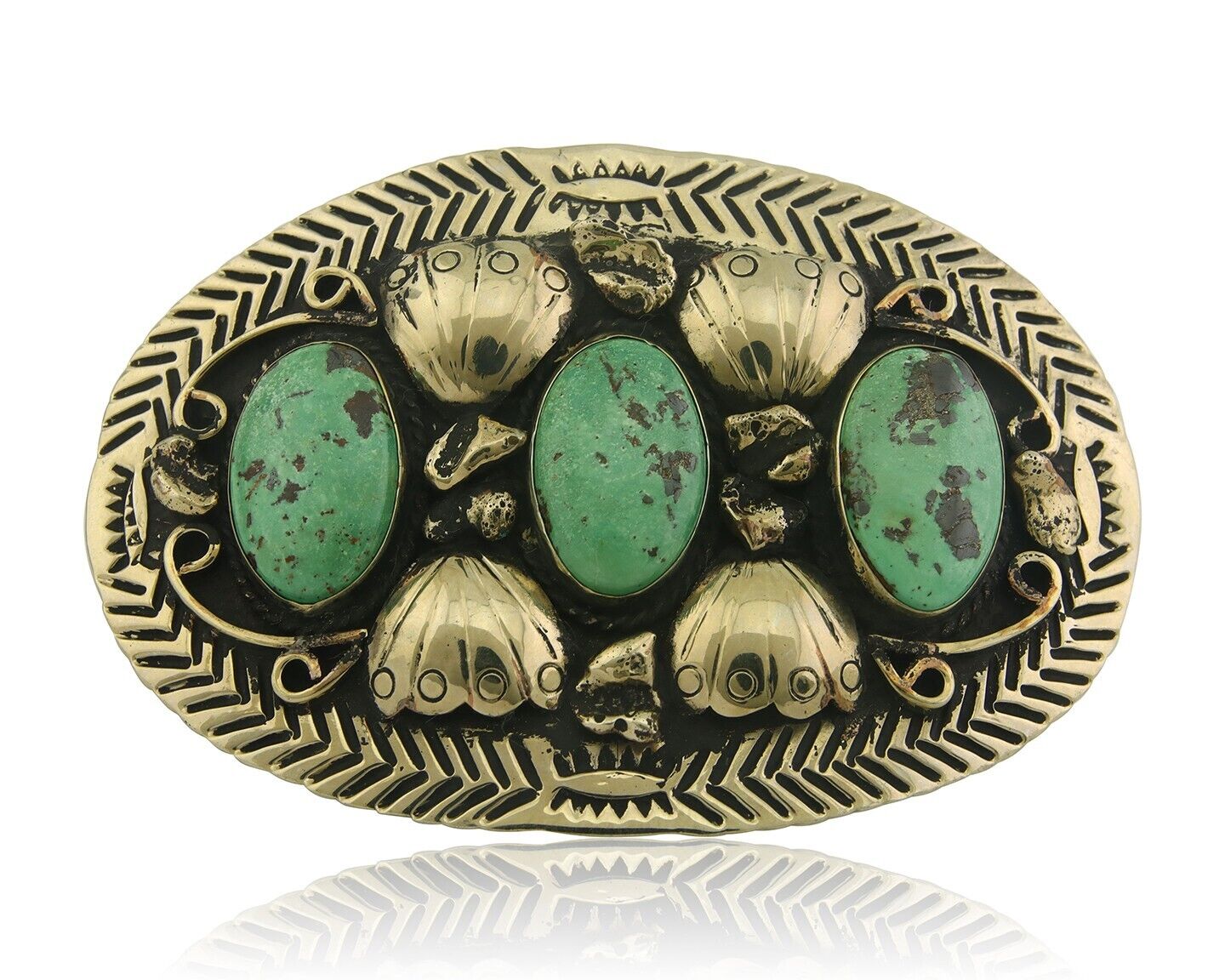 Navajo Concho Belt Buckle .999 Nickel Turquoise Native American 2.0x3.0 in C80s