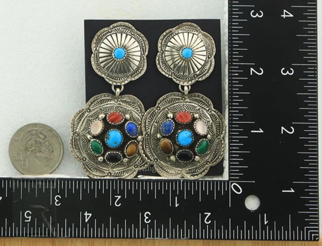 Navajo Concho Earrings Sterling Silver Natural Gemstones Vintage Handmade