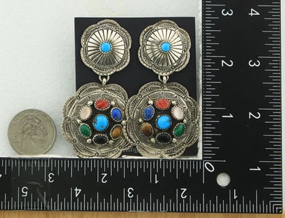Navajo Concho Earrings Sterling Silver Natural Gemstones Vintage Handmade