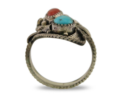 Navajo Ring 925 Silver Turquoise & Coral Artist Signed WB C.80's