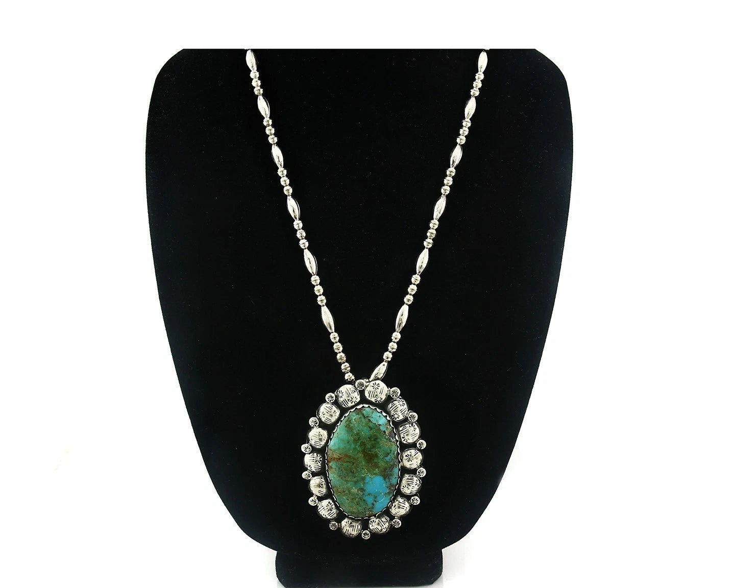 Navajo Bead Necklace Sterling Silver Natural Turquoise Signed Montoya
