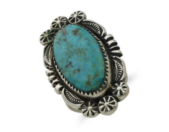 Navajo Ring 925 Silver Kingman Turquoise Big Oval Stone C.80's