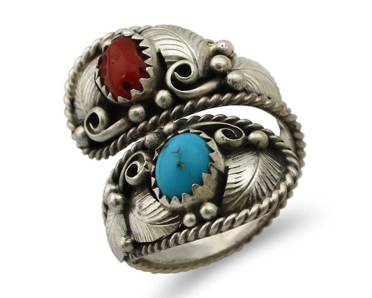 Navajo Adjustable Ring 925 Silver Turquoise & Coral Artist Signed Gecko C.80's