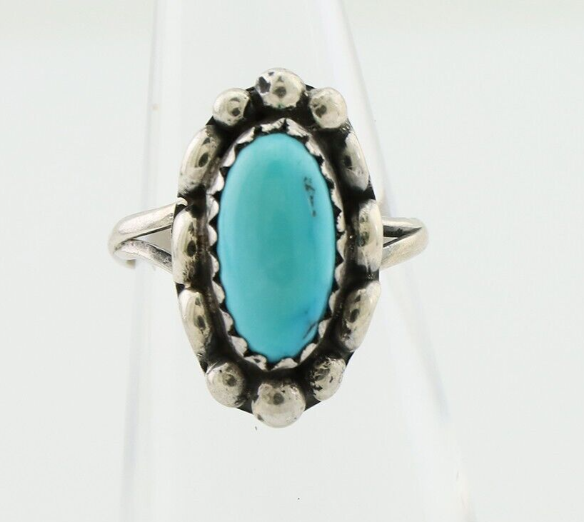 Navajo Ring 925 Silver Sleeping Beauty Turquoise Artist Signed SC C.80's