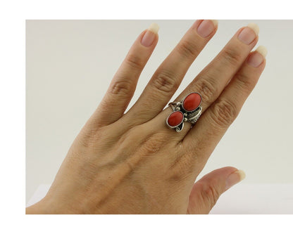 Navajo Ring 925 Silver Natural Mediterranean Coral Artist Signed A C.80's