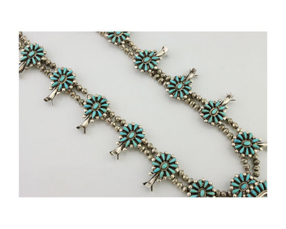 Zuni Squash Necklace 925 Silver Turquoise Signed J Wallace C.80's