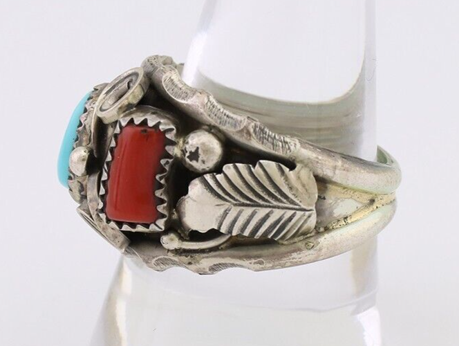 Navajo Ring 925 Silver Coral Turquoise Artist Signed Max Calabaza C.80's