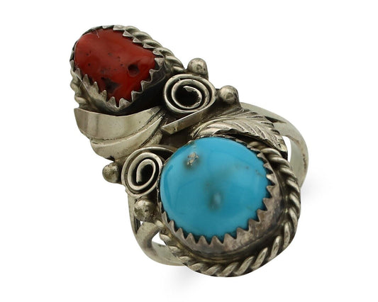 Navajo Ring 925 Silver Blue Turquiose & Coral Artist Signed Justin Morris C.80's