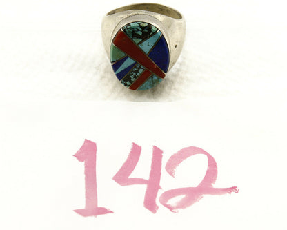 Navajo Ring .925 Sterling Silver Turquoise Coral Lapis Natural Gemstone Artist