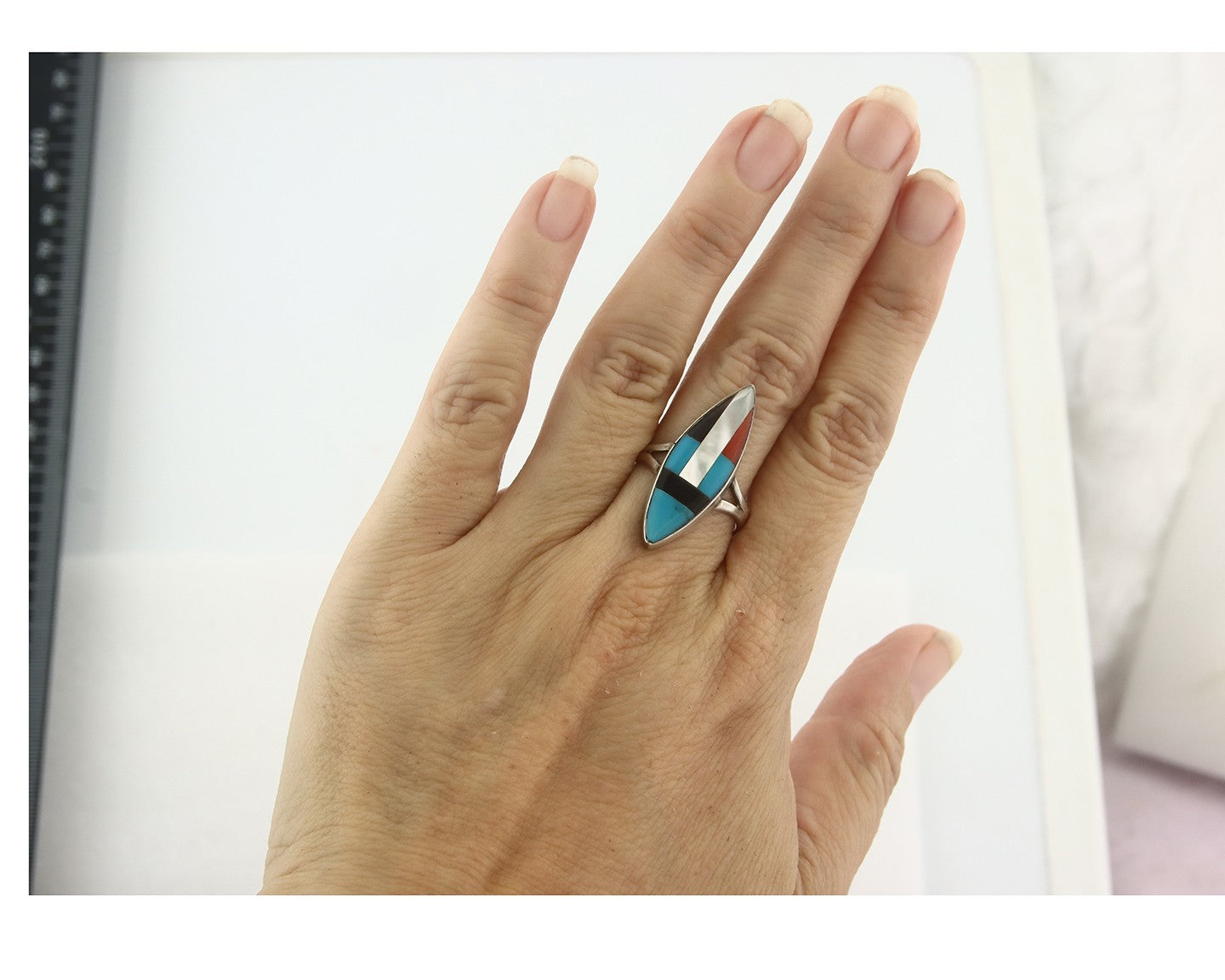 Vintage Zuni Ring 925 Sterling Silver Natural Gemstone Signed MK Size 8.5