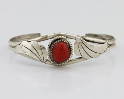 Navajo Bracelet 925 Silver Natural Red Coral Artist Signed Henry Sam 1980's