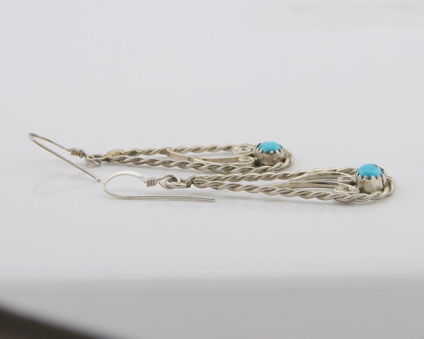 Navajo Dangle Earrings 925 Silver Natural Turquoise Artist Signed JB C.80's