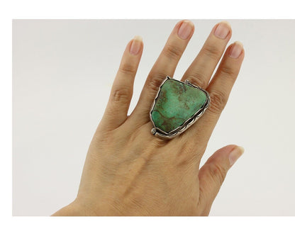 Large Navajo Ring 925 Silver Natural Green Turquoise Artist Signed B C.80's