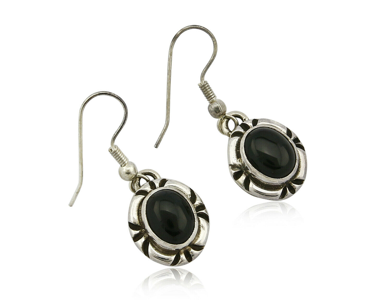 Navajo Hand Stamped Natural Mined Black Onyx .925 SOLID Silver Dangle Earrings