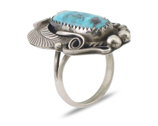 Navajo Ring 925 Silver Kingman Turquoise Native American Artist C.80's