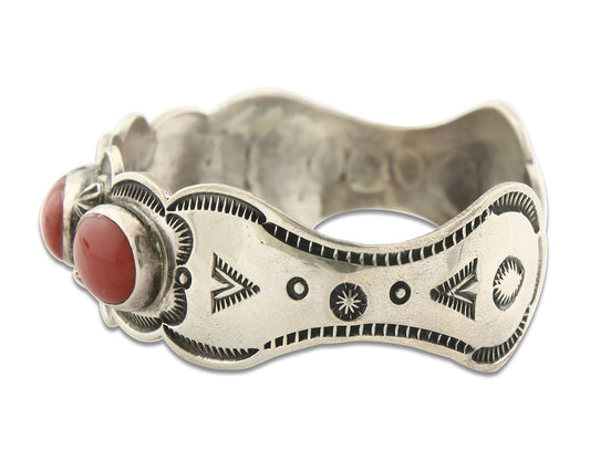 Vintage Navajo Bracelet 925 Silver Red Coral handmade Signed Austin Garcia