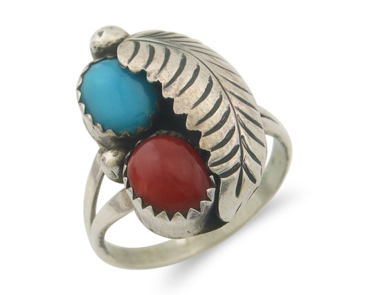 Navajo Ring 925 Sterling Natural Coral & Turquoise Signed BB C.80's Size 6.0