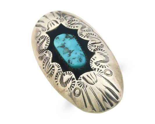 Navajo Ring 925 Sterling Turquoise Hand Stamped Signed J Martinez C.80's Sz 6.75